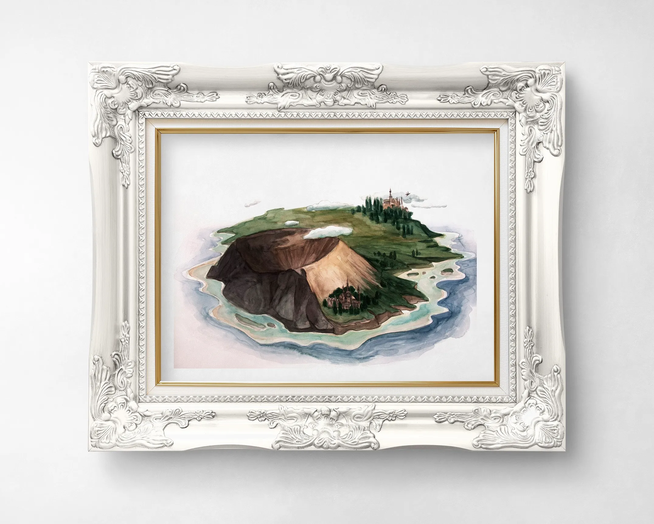 Original watercolour of Havoneea island, framed