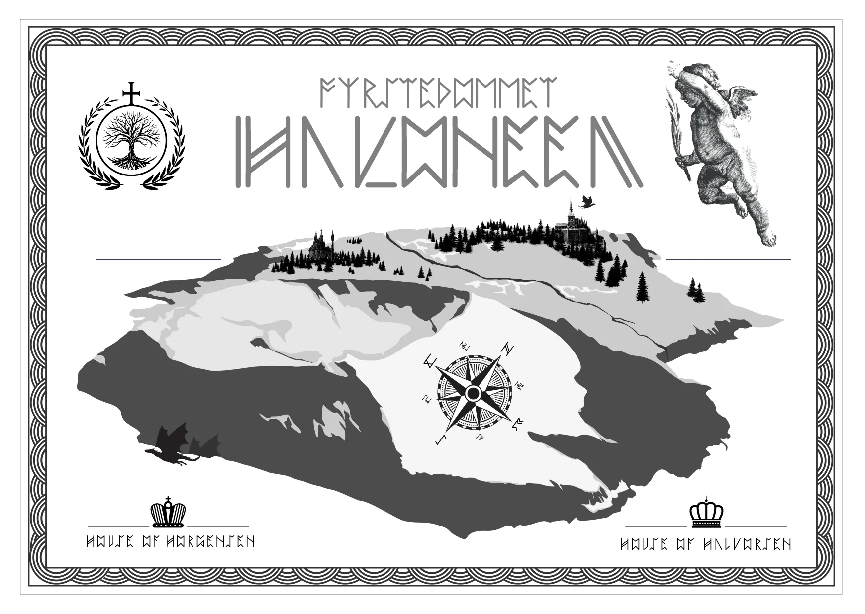 Map of the Principality, first edition: the island with its castles, forests, a compass rose and the crowns of the Houses of Horgensen and Halvorsen