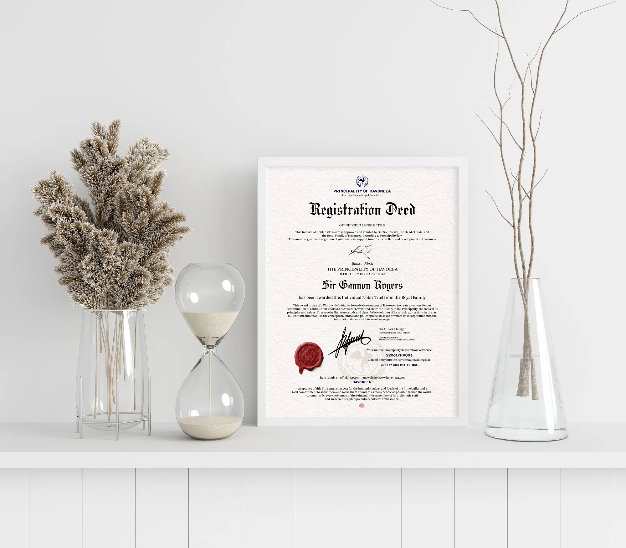 A framed registration deed for the title of Sir